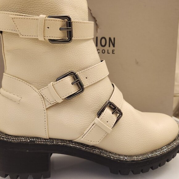 Kenneth Cole Reaction Boots Size 6 Ivory Tate Biker Jewel Faux Leather. NIB - Picture 1 of 15